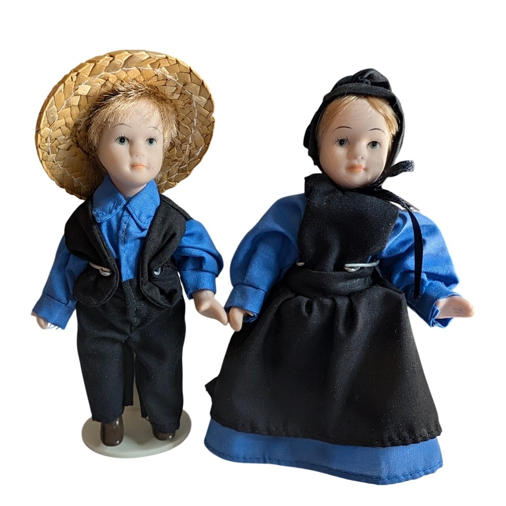 Vintage Amish Porcelain Doll Pair Boy and Girl in Traditional Blue Black Dress